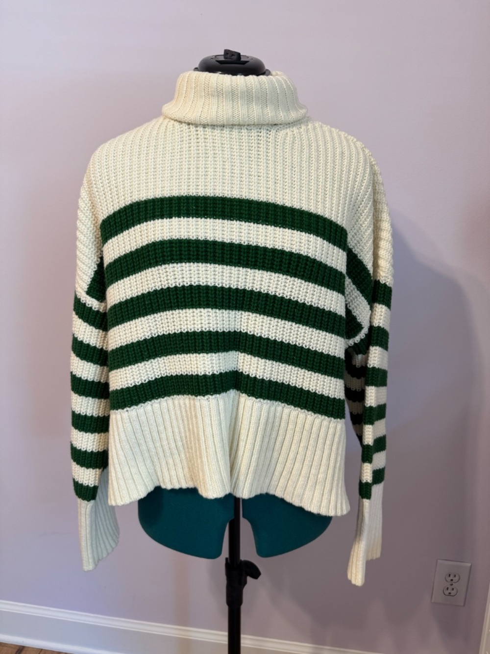 Madewell Womens Medium White Green Striped Wide Rib Turtleneck Sweater